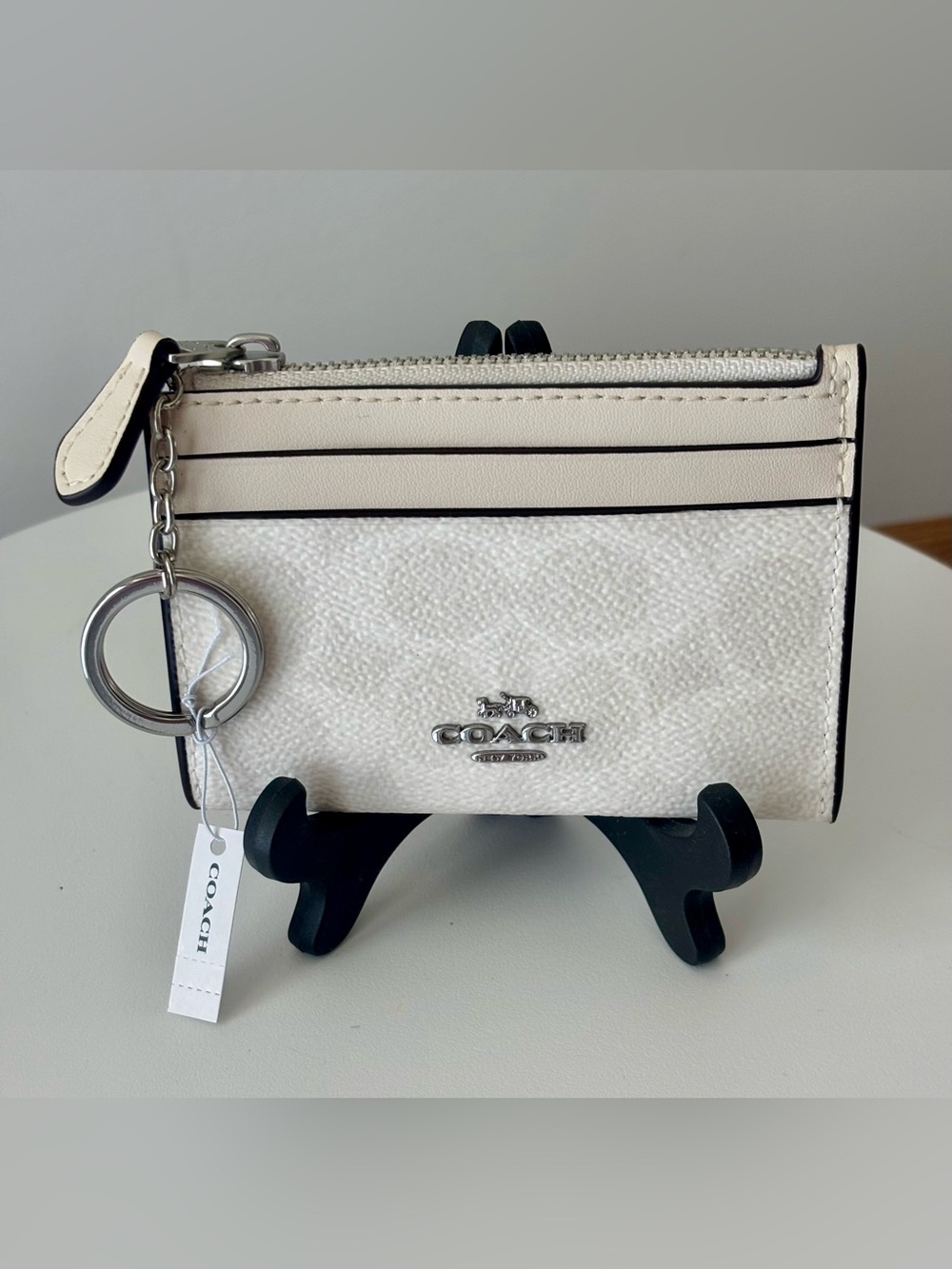 COACH MINI ID SKINNY Cream/White Case with Key Ring NWT